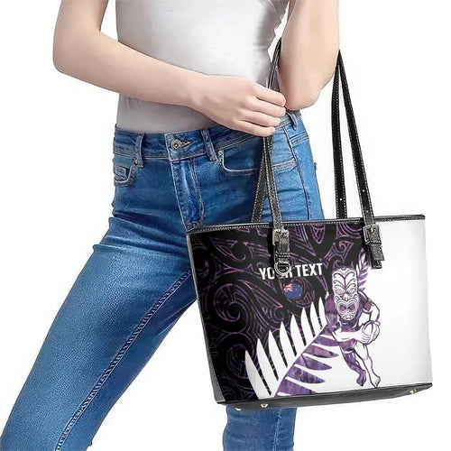 New Zealand Silver Fern Rugby Custom Leather Tote Bag Go All Black Purple Maori Paua Shell - Aussie Hoodie