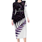 New Zealand Silver Fern Rugby Custom Long Sleeve Bodycon Dress Go All Black Purple Maori Paua Shell - Aussie Hoodie