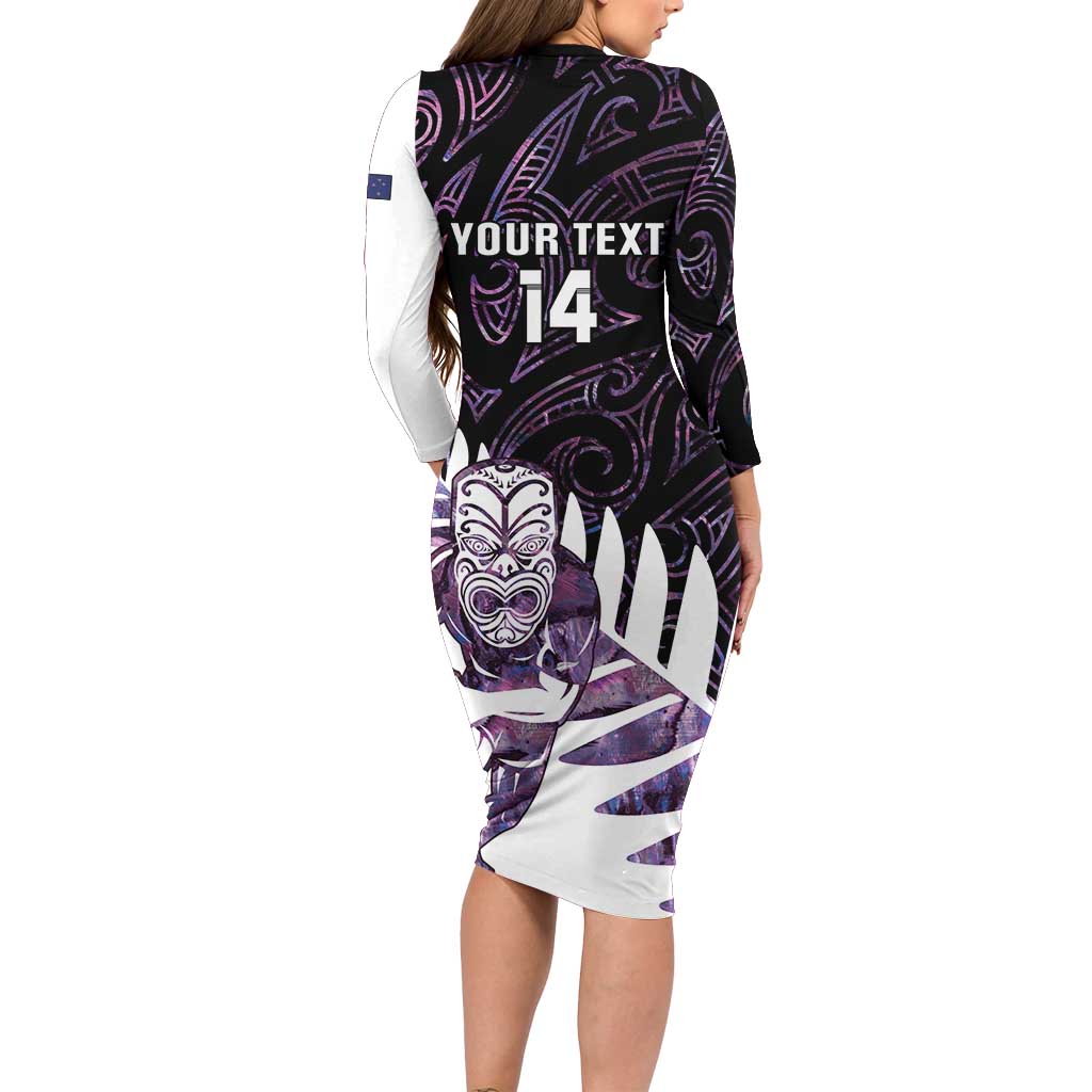 New Zealand Silver Fern Rugby Custom Long Sleeve Bodycon Dress Go All Black Purple Maori Paua Shell - Aussie Hoodie