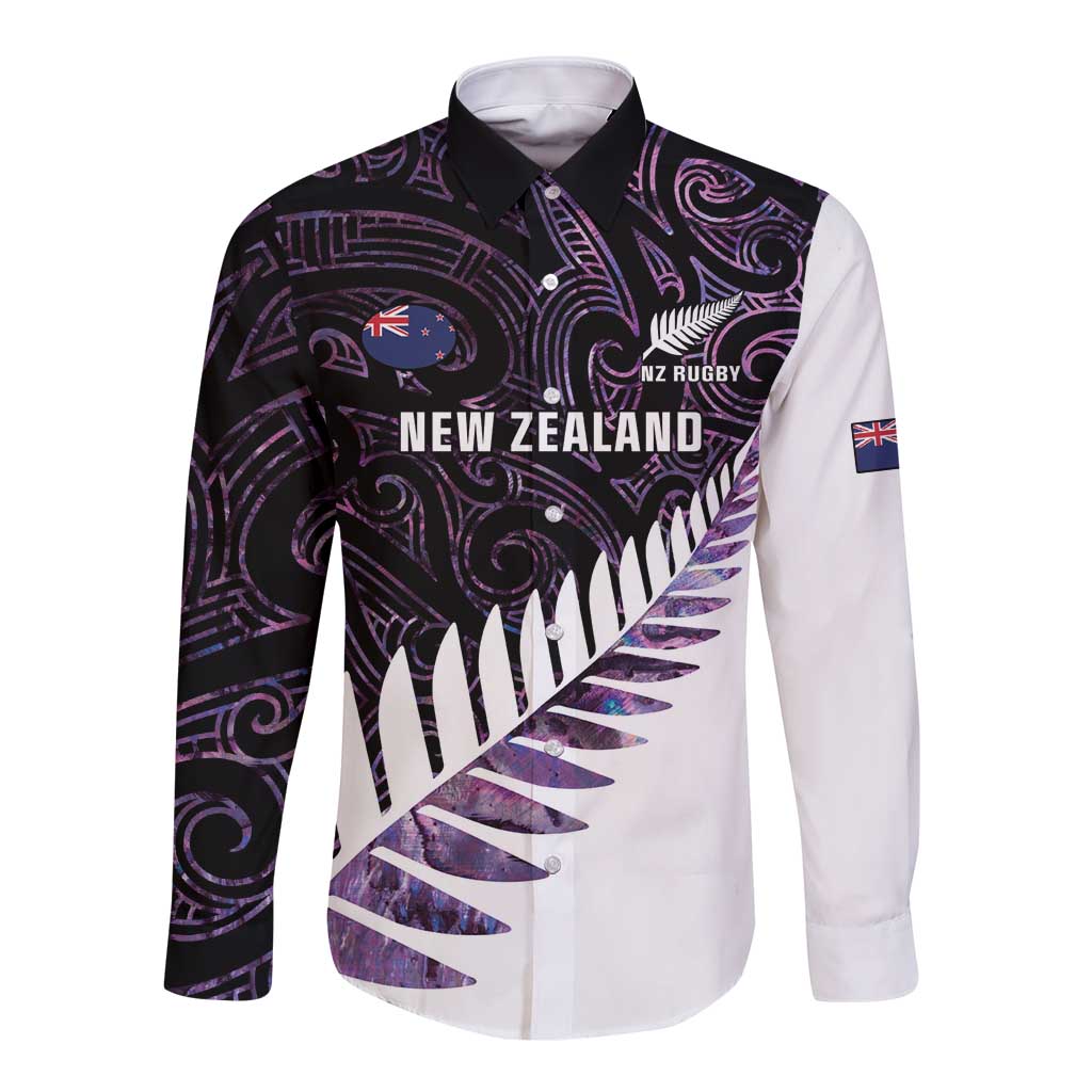 New Zealand Silver Fern Rugby Custom Long Sleeve Button Shirt Go All Black Purple Maori Paua Shell - Aussie Hoodie