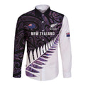 New Zealand Silver Fern Rugby Custom Long Sleeve Button Shirt Go All Black Purple Maori Paua Shell - Aussie Hoodie
