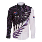 New Zealand Silver Fern Rugby Custom Long Sleeve Button Shirt Go All Black Purple Maori Paua Shell - Aussie Hoodie