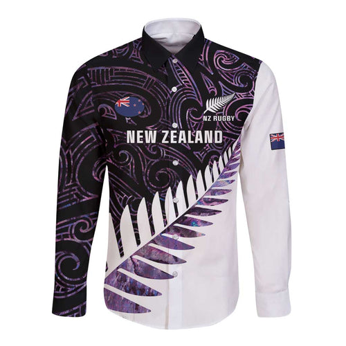 New Zealand Silver Fern Rugby Custom Long Sleeve Button Shirt Go All Black Purple Maori Paua Shell - Aussie Hoodie