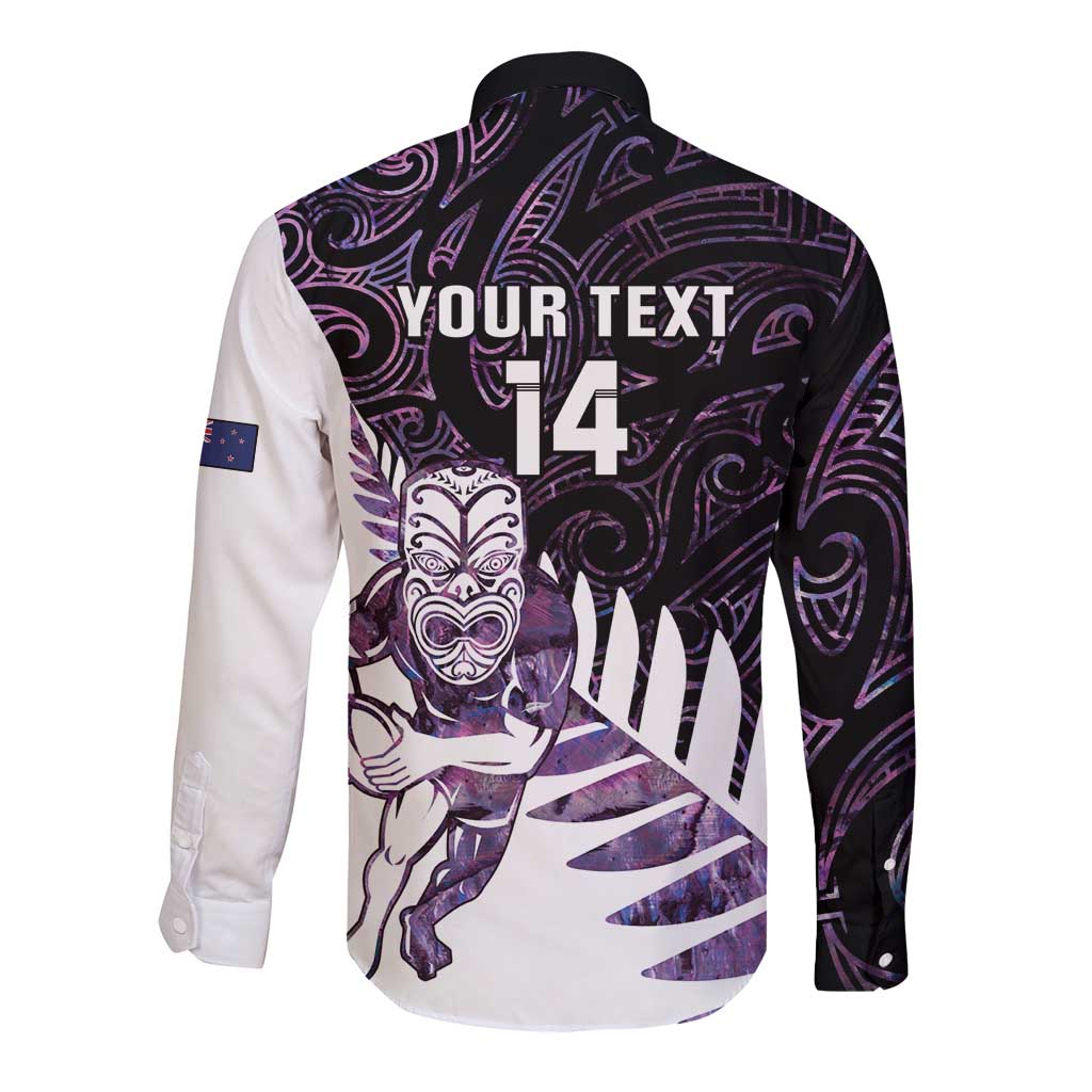 New Zealand Silver Fern Rugby Custom Long Sleeve Button Shirt Go All Black Purple Maori Paua Shell - Aussie Hoodie