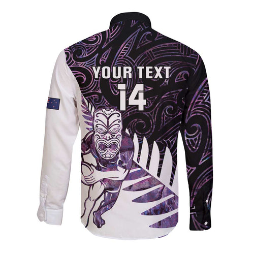 New Zealand Silver Fern Rugby Custom Long Sleeve Button Shirt Go All Black Purple Maori Paua Shell - Aussie Hoodie