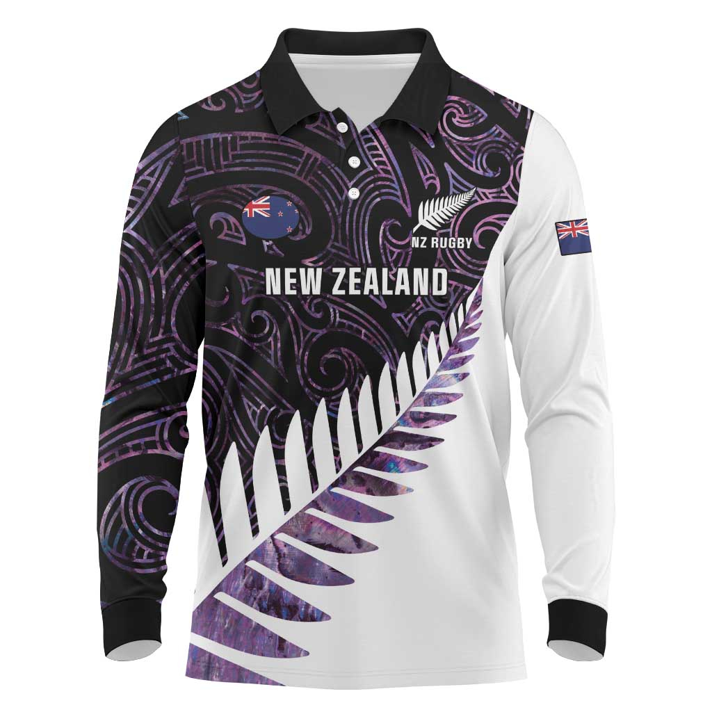 New Zealand Silver Fern Rugby Custom Long Sleeve Polo Shirt Go All Black Purple Maori Paua Shell - Aussie Hoodie