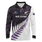 New Zealand Silver Fern Rugby Custom Long Sleeve Polo Shirt Go All Black Purple Maori Paua Shell - Aussie Hoodie