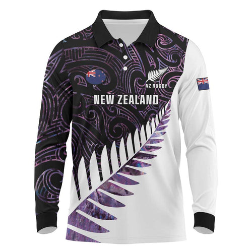 New Zealand Silver Fern Rugby Custom Long Sleeve Polo Shirt Go All Black Purple Maori Paua Shell - Aussie Hoodie