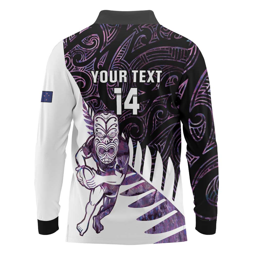 New Zealand Silver Fern Rugby Custom Long Sleeve Polo Shirt Go All Black Purple Maori Paua Shell - Aussie Hoodie