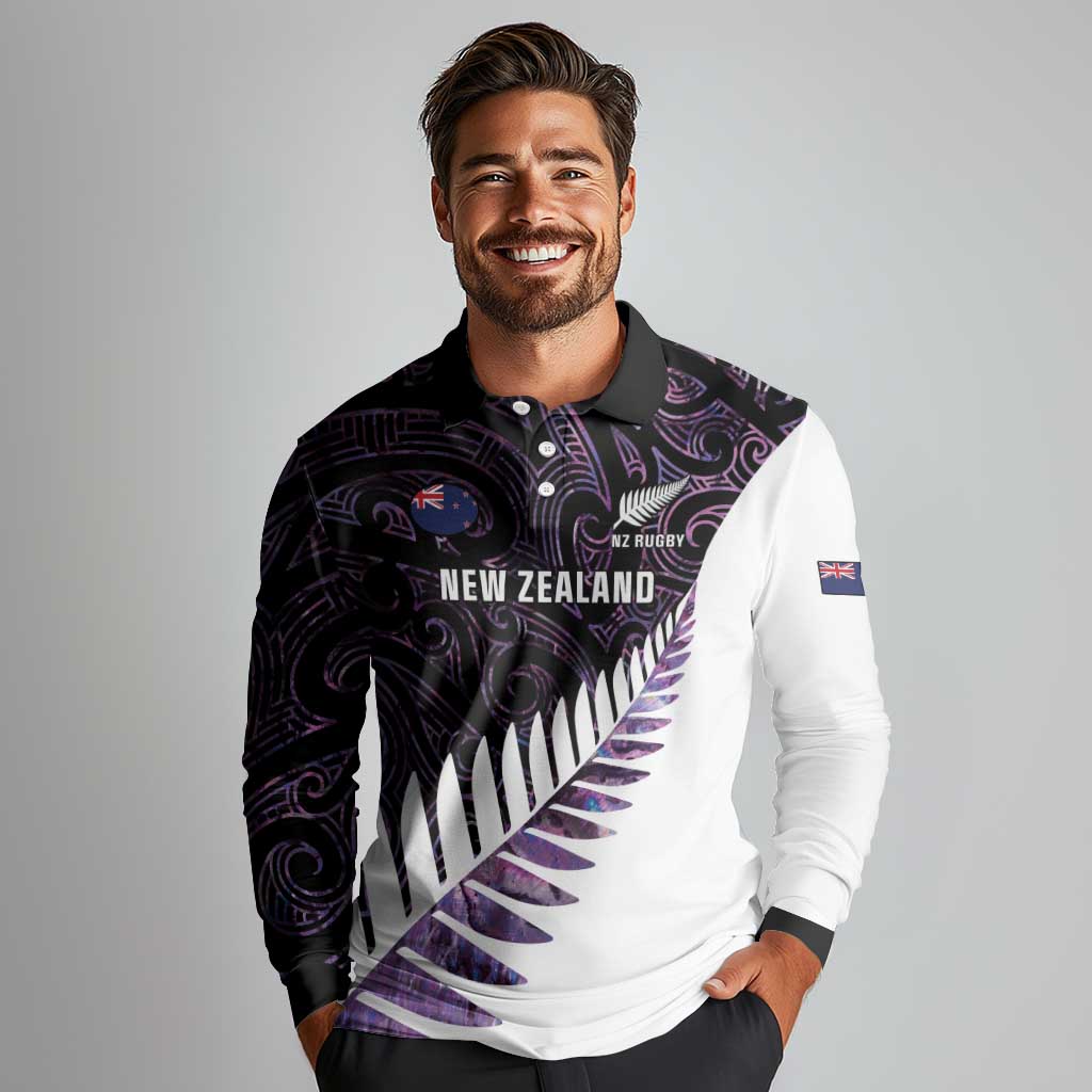New Zealand Silver Fern Rugby Custom Long Sleeve Polo Shirt Go All Black Purple Maori Paua Shell - Aussie Hoodie