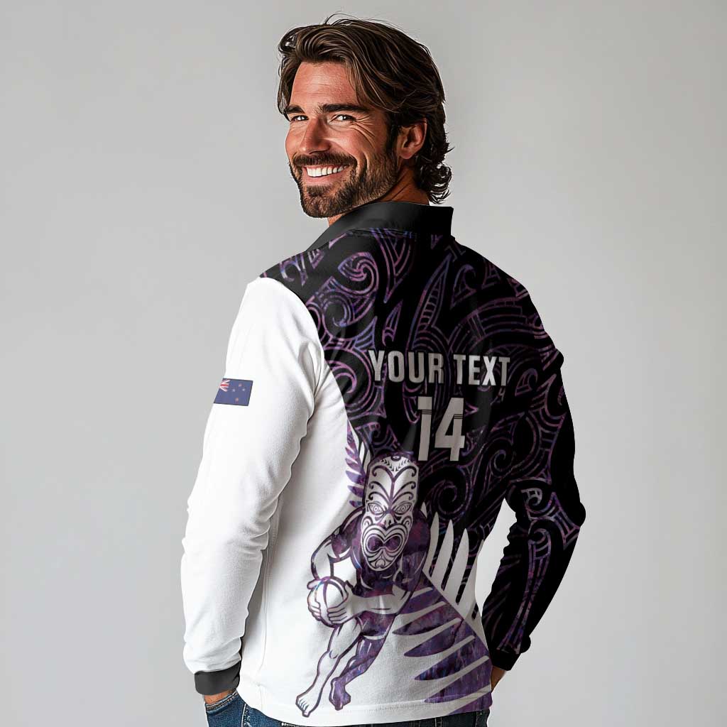 New Zealand Silver Fern Rugby Custom Long Sleeve Polo Shirt Go All Black Purple Maori Paua Shell - Aussie Hoodie