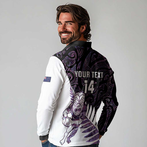 New Zealand Silver Fern Rugby Custom Long Sleeve Polo Shirt Go All Black Purple Maori Paua Shell - Aussie Hoodie