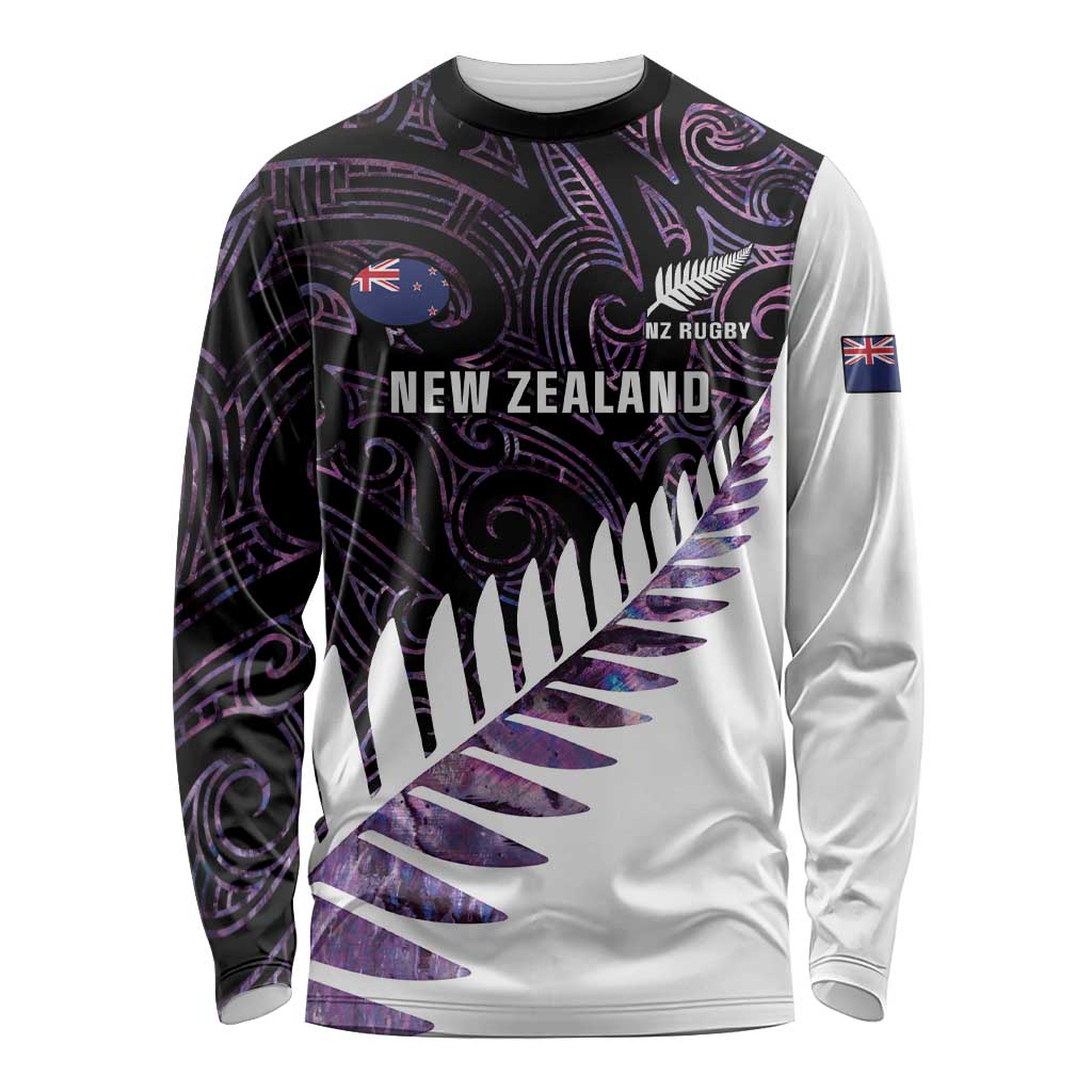 New Zealand Silver Fern Rugby Custom Long Sleeve Shirt Go All Black Purple Maori Paua Shell - Aussie Hoodie