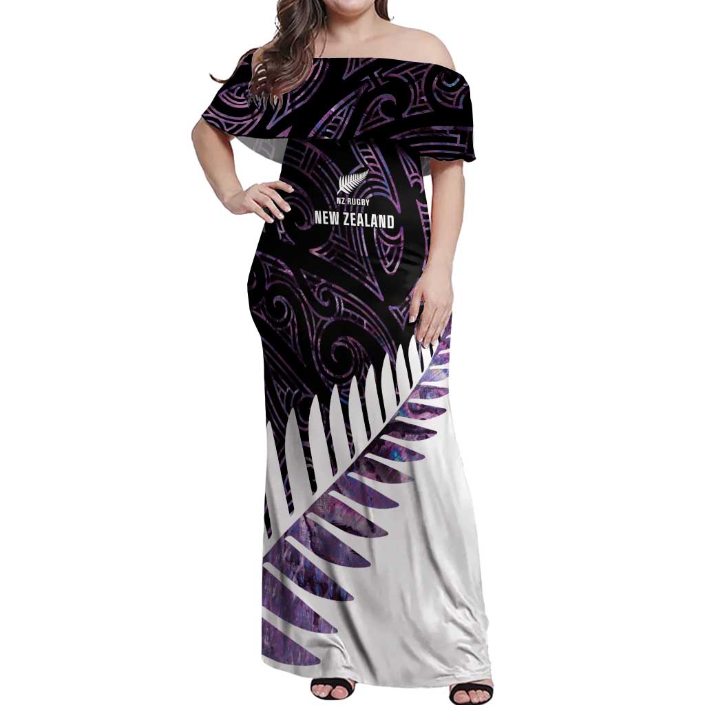 New Zealand Silver Fern Rugby Custom Off Shoulder Maxi Dress Go All Black Purple Maori Paua Shell - Aussie Hoodie