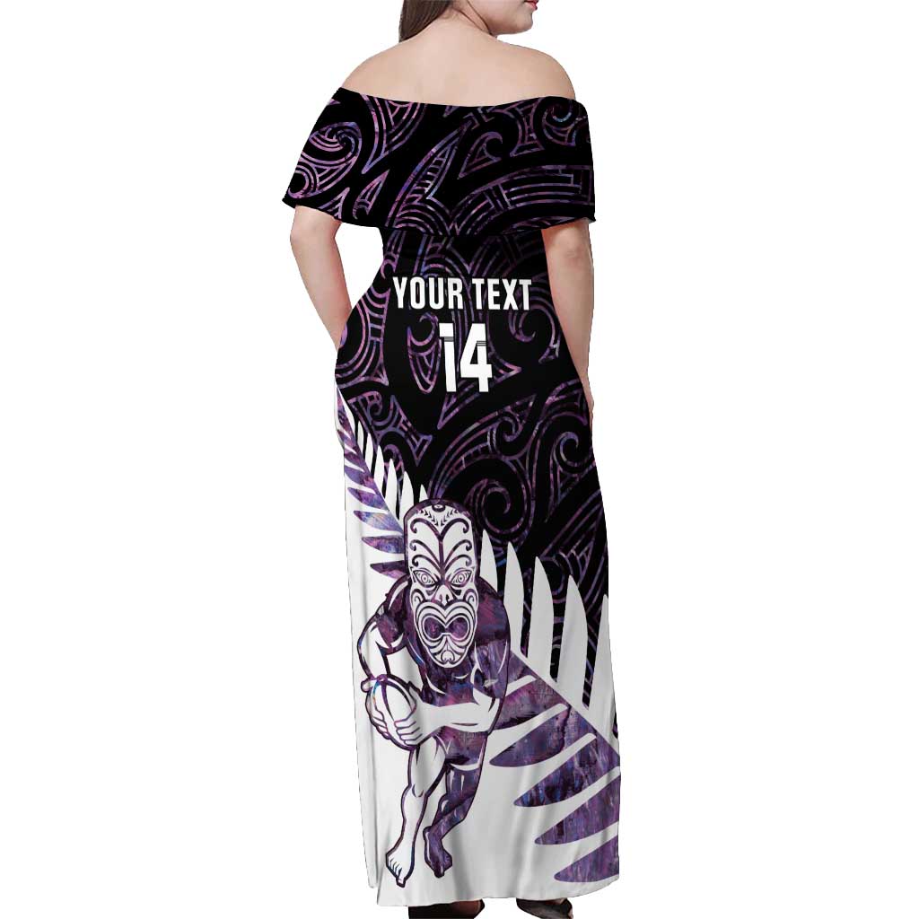 New Zealand Silver Fern Rugby Custom Off Shoulder Maxi Dress Go All Black Purple Maori Paua Shell - Aussie Hoodie