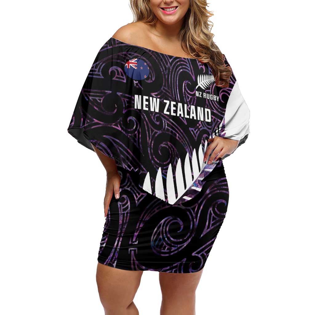 New Zealand Silver Fern Rugby Custom Off Shoulder Short Dress Go All Black Purple Maori Paua Shell - Aussie Hoodie