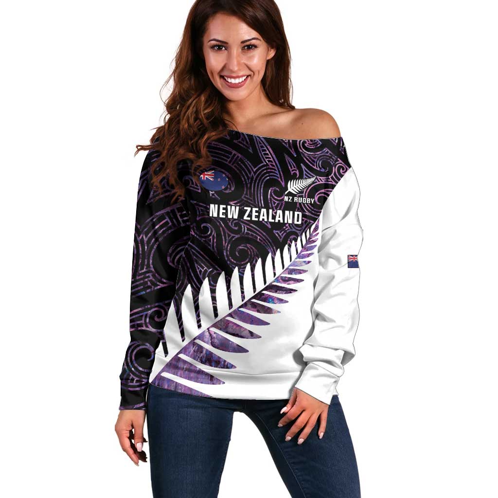 New Zealand Silver Fern Rugby Custom Off Shoulder Sweater Go All Black Purple Maori Paua Shell - Aussie Hoodie