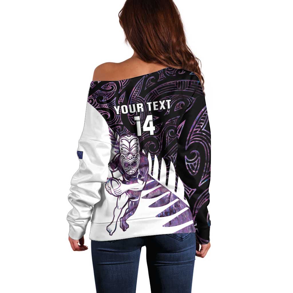 New Zealand Silver Fern Rugby Custom Off Shoulder Sweater Go All Black Purple Maori Paua Shell - Aussie Hoodie