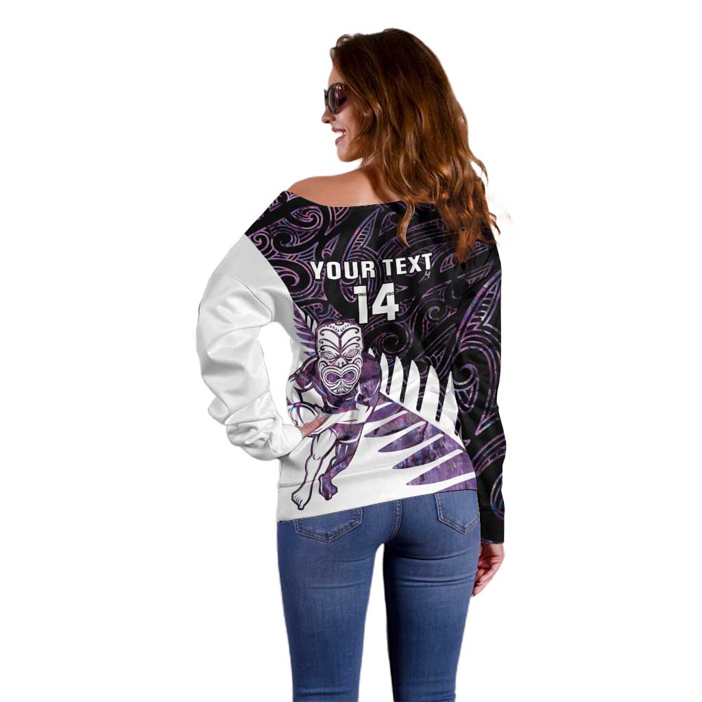 New Zealand Silver Fern Rugby Custom Off Shoulder Sweater Go All Black Purple Maori Paua Shell - Aussie Hoodie