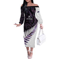 New Zealand Silver Fern Rugby Custom Off The Shoulder Long Sleeve Dress Go All Black Purple Maori Paua Shell - Aussie Hoodie