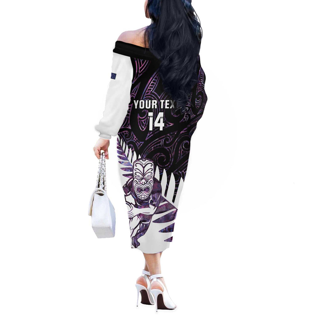 New Zealand Silver Fern Rugby Custom Off The Shoulder Long Sleeve Dress Go All Black Purple Maori Paua Shell - Aussie Hoodie