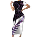 New Zealand Silver Fern Rugby Custom Short Sleeve Bodycon Dress Go All Black Purple Maori Paua Shell - Aussie Hoodie