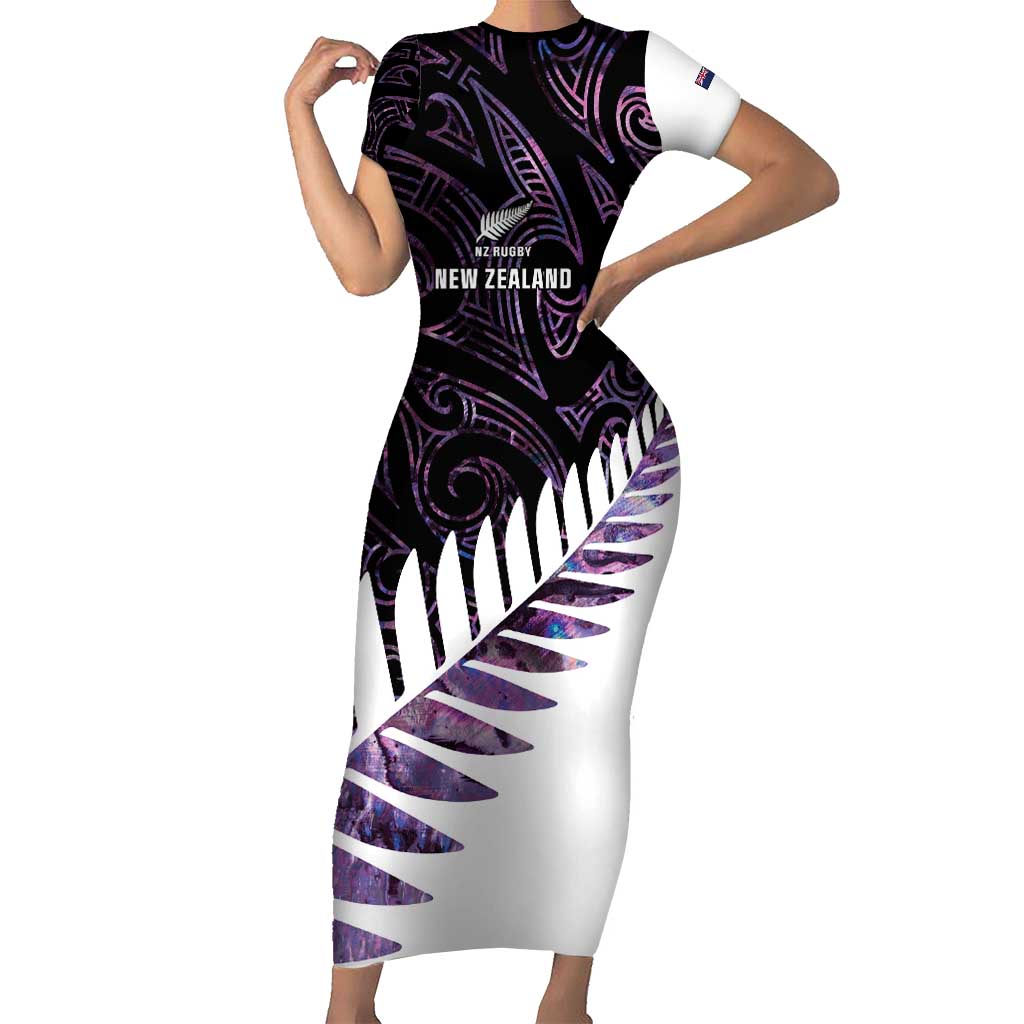New Zealand Silver Fern Rugby Custom Short Sleeve Bodycon Dress Go All Black Purple Maori Paua Shell - Aussie Hoodie