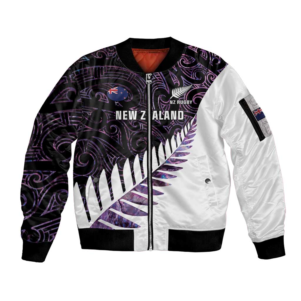 New Zealand Silver Fern Rugby Custom Sleeve Zip Bomber Jacket Go All Black Purple Maori Paua Shell - Aussie Hoodie