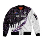 New Zealand Silver Fern Rugby Custom Sleeve Zip Bomber Jacket Go All Black Purple Maori Paua Shell - Aussie Hoodie