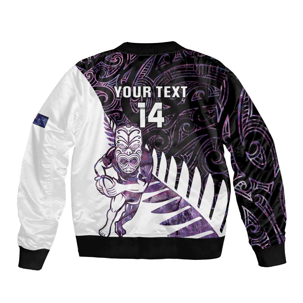 New Zealand Silver Fern Rugby Custom Sleeve Zip Bomber Jacket Go All Black Purple Maori Paua Shell - Aussie Hoodie