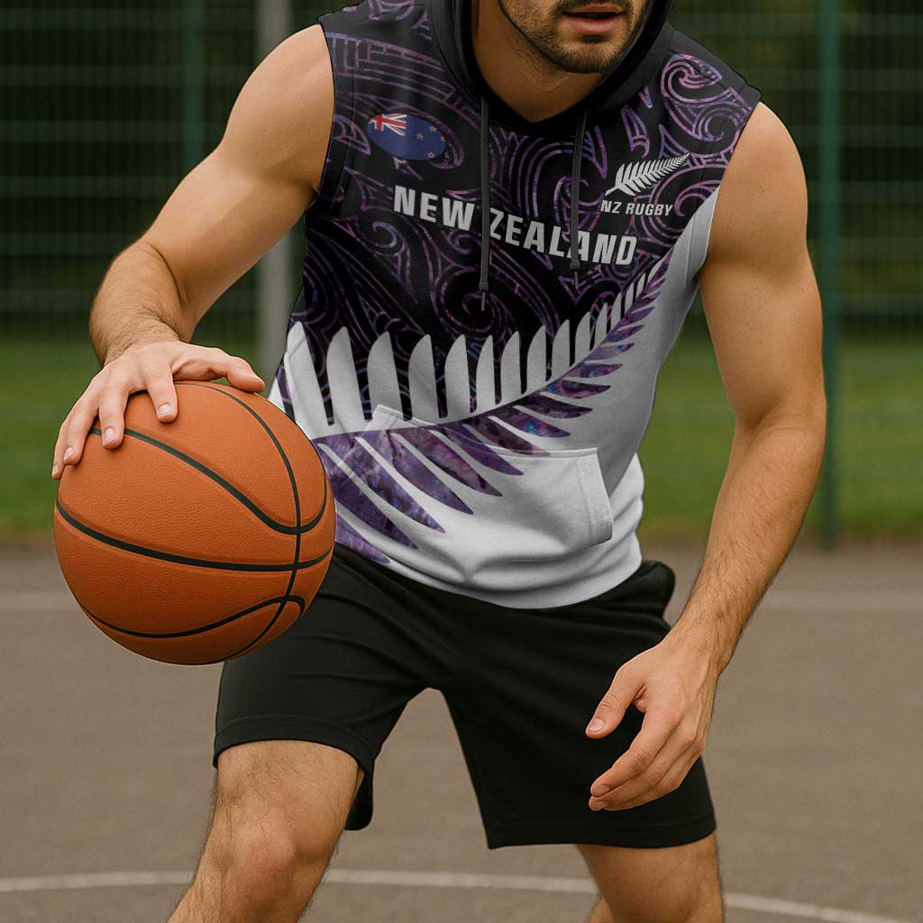 New Zealand Silver Fern Rugby Custom Sleeveless Hoodie Go All Black Purple Maori Paua Shell - Aussie Hoodie