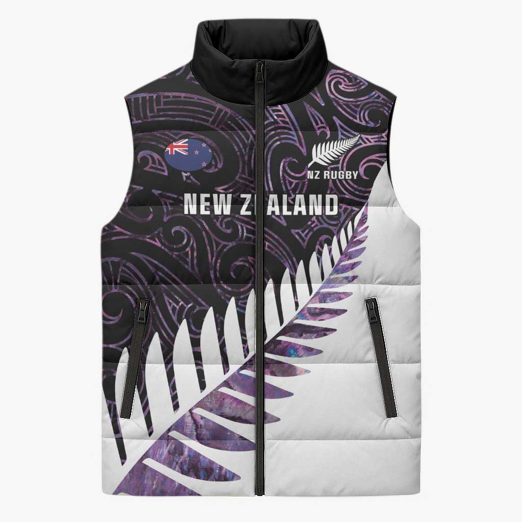 New Zealand Silver Fern Rugby Custom Sleeveless Puffer Jacket Go All Black Purple Maori Paua Shell - Aussie Hoodie
