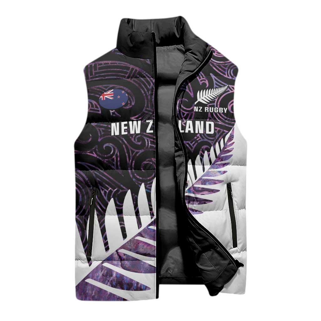 New Zealand Silver Fern Rugby Custom Sleeveless Puffer Jacket Go All Black Purple Maori Paua Shell - Aussie Hoodie