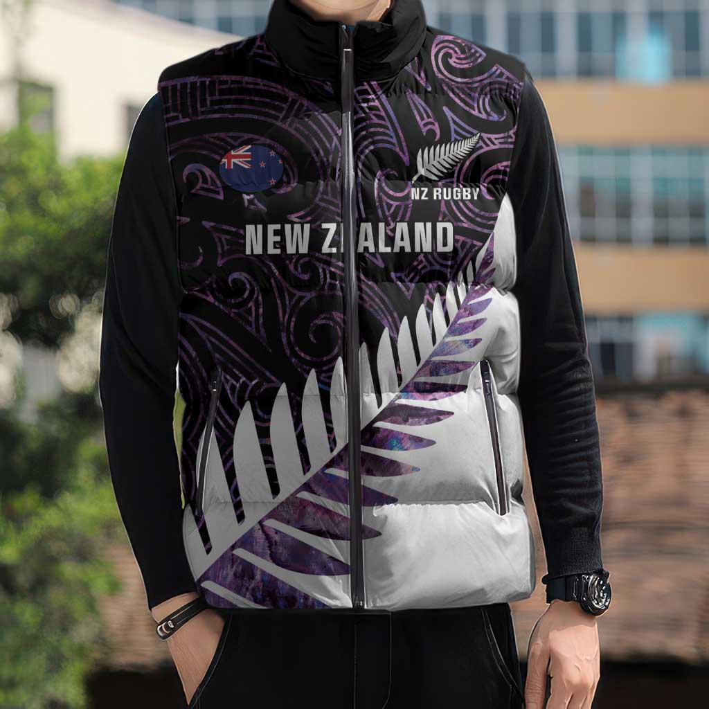New Zealand Silver Fern Rugby Custom Sleeveless Puffer Jacket Go All Black Purple Maori Paua Shell - Aussie Hoodie