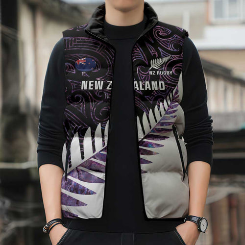 New Zealand Silver Fern Rugby Custom Sleeveless Puffer Jacket Go All Black Purple Maori Paua Shell - Aussie Hoodie