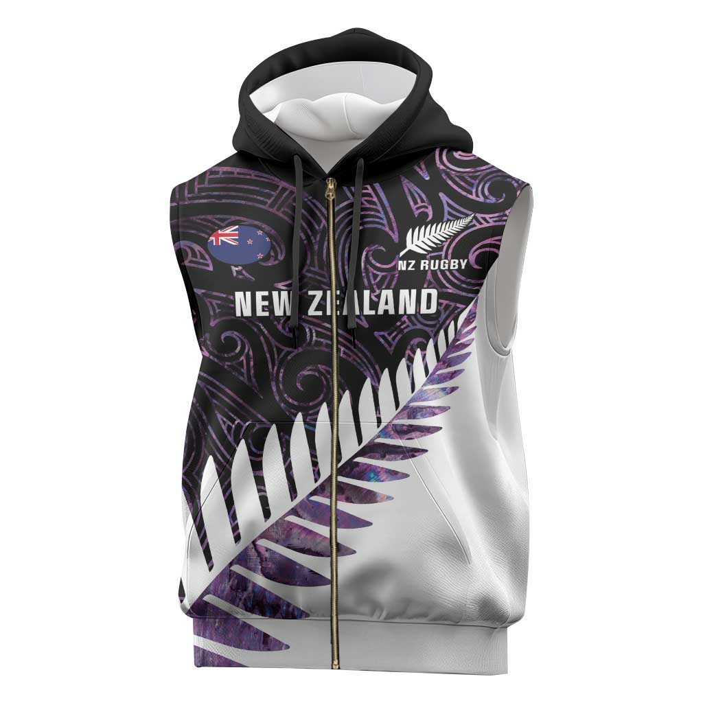 New Zealand Silver Fern Rugby Custom Sleeveless Zip Hoodie Go All Black Purple Maori Paua Shell - Aussie Hoodie