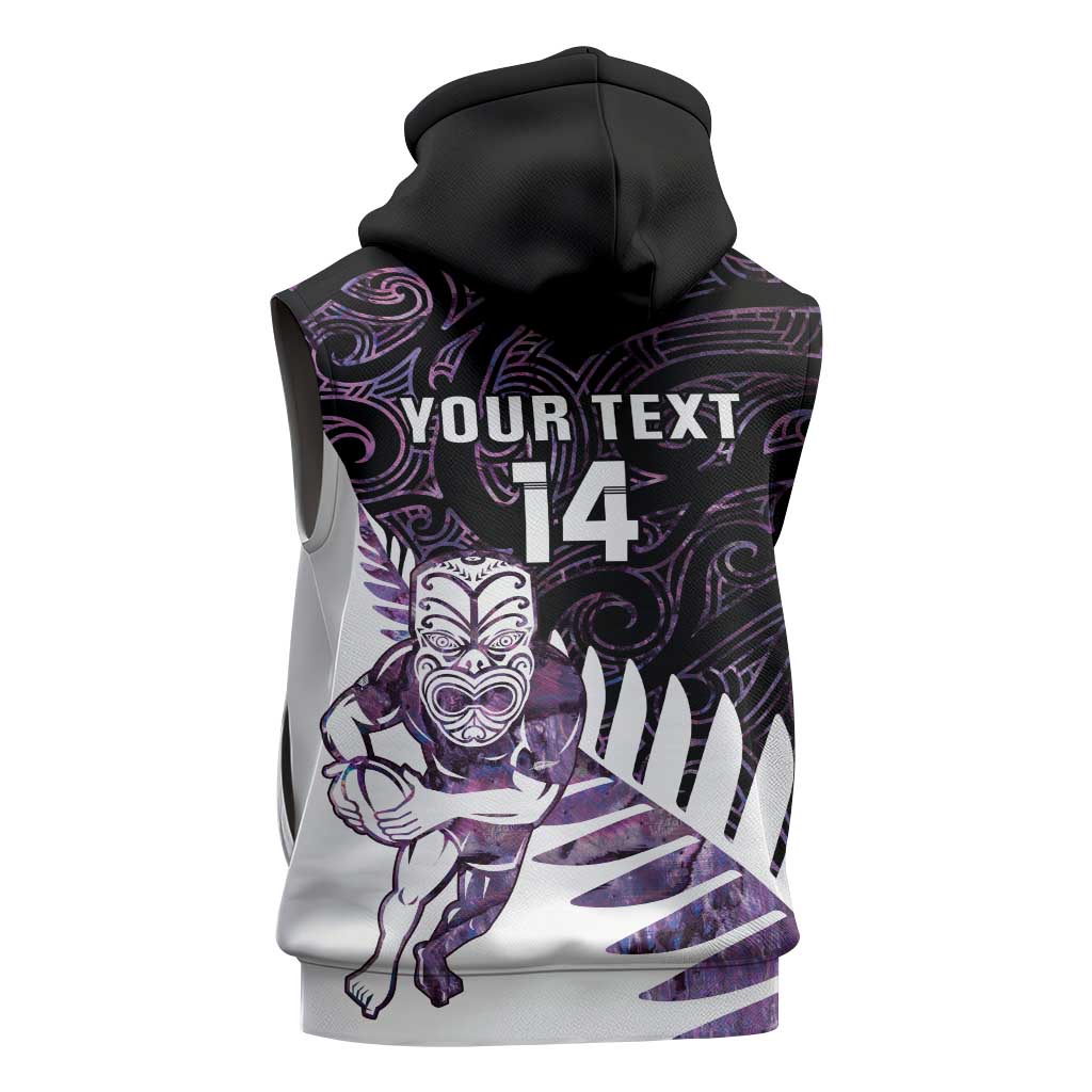 New Zealand Silver Fern Rugby Custom Sleeveless Zip Hoodie Go All Black Purple Maori Paua Shell - Aussie Hoodie