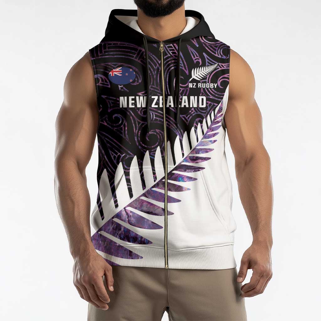 New Zealand Silver Fern Rugby Custom Sleeveless Zip Hoodie Go All Black Purple Maori Paua Shell - Aussie Hoodie
