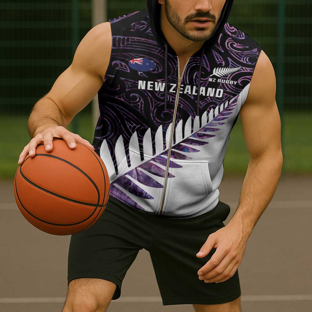 New Zealand Silver Fern Rugby Custom Sleeveless Zip Hoodie Go All Black Purple Maori Paua Shell - Aussie Hoodie