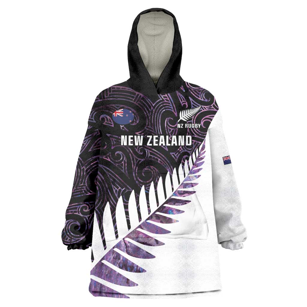 New Zealand Silver Fern Rugby Custom Wearable Blanket Hoodie Go All Black Purple Maori Paua Shell - Aussie Hoodie