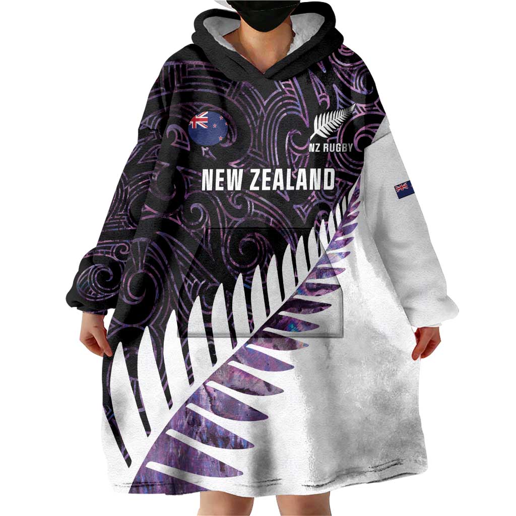 New Zealand Silver Fern Rugby Custom Wearable Blanket Hoodie Go All Black Purple Maori Paua Shell - Aussie Hoodie