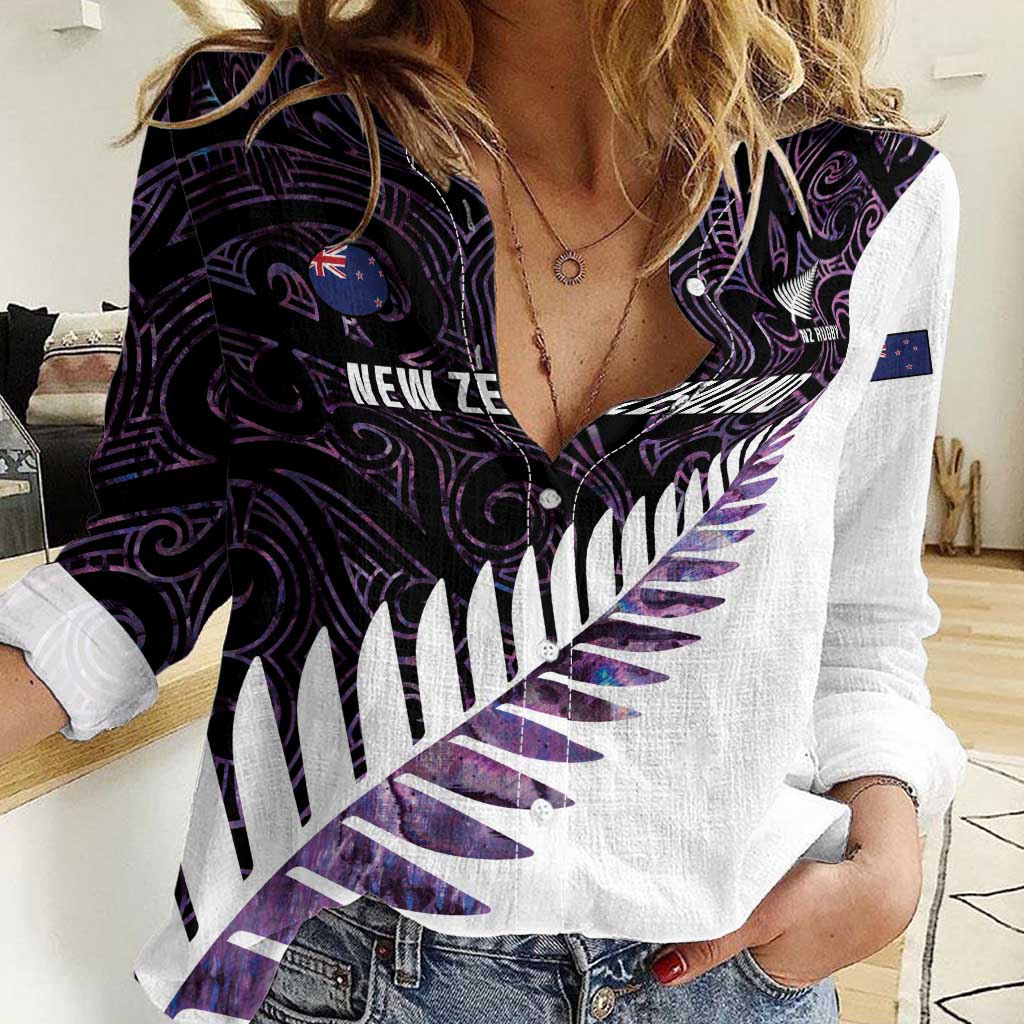 New Zealand Silver Fern Rugby Custom Women Casual Shirt Go All Black Purple Maori Paua Shell - Aussie Hoodie