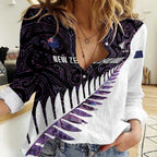 New Zealand Silver Fern Rugby Custom Women Casual Shirt Go All Black Purple Maori Paua Shell - Aussie Hoodie