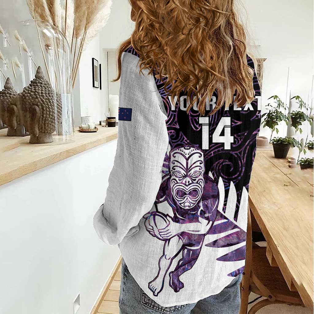 New Zealand Silver Fern Rugby Custom Women Casual Shirt Go All Black Purple Maori Paua Shell - Aussie Hoodie