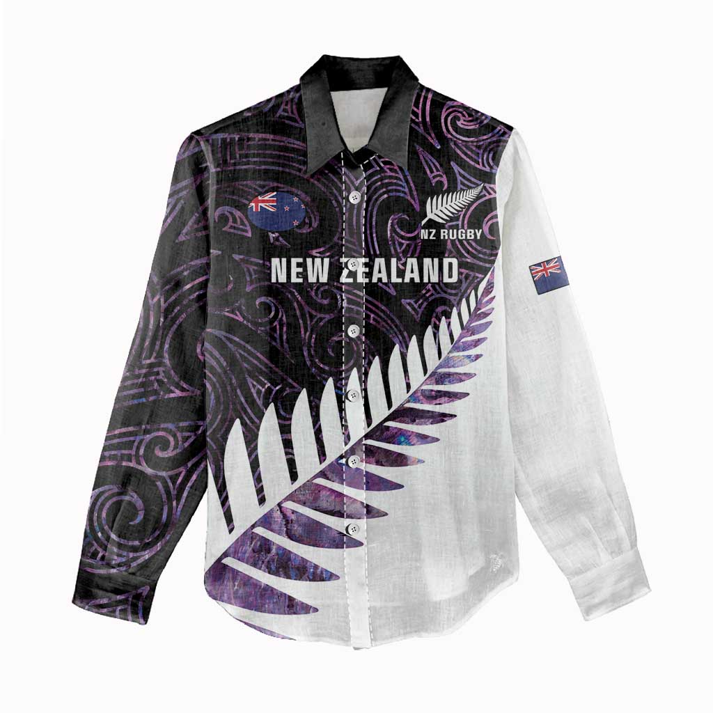 New Zealand Silver Fern Rugby Custom Women Casual Shirt Go All Black Purple Maori Paua Shell - Aussie Hoodie