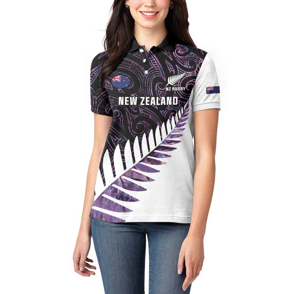 New Zealand Silver Fern Rugby Custom Women Polo Shirt Go All Black Purple Maori Paua Shell - Aussie Hoodie