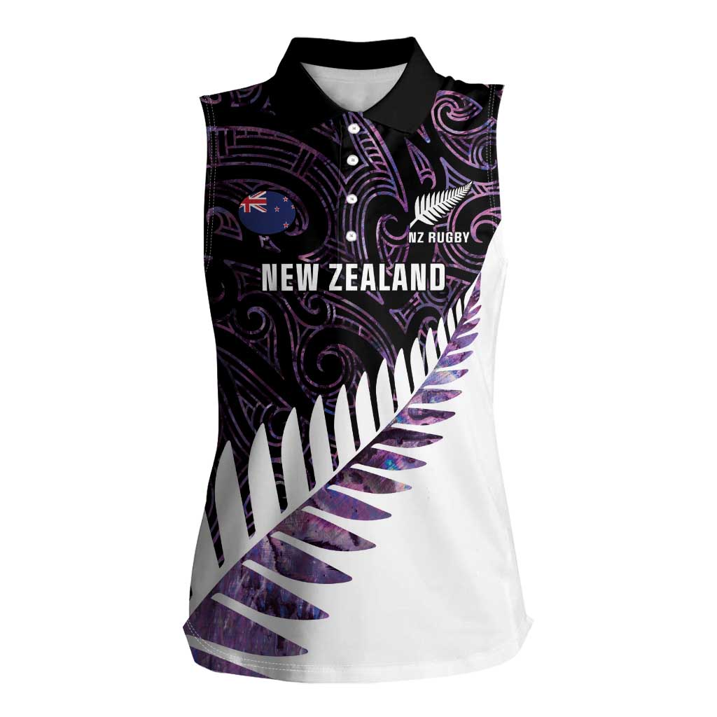 New Zealand Silver Fern Rugby Custom Women Sleeveless Polo Shirt Go All Black Purple Maori Paua Shell - Aussie Hoodie
