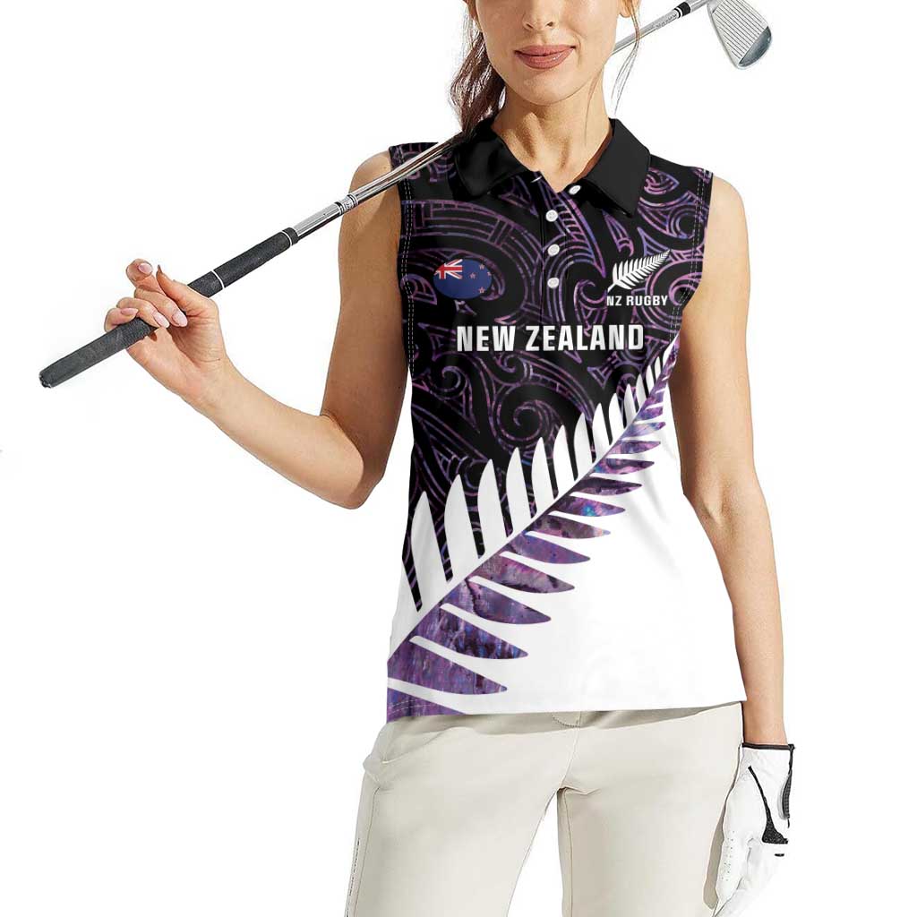 New Zealand Silver Fern Rugby Custom Women Sleeveless Polo Shirt Go All Black Purple Maori Paua Shell - Aussie Hoodie