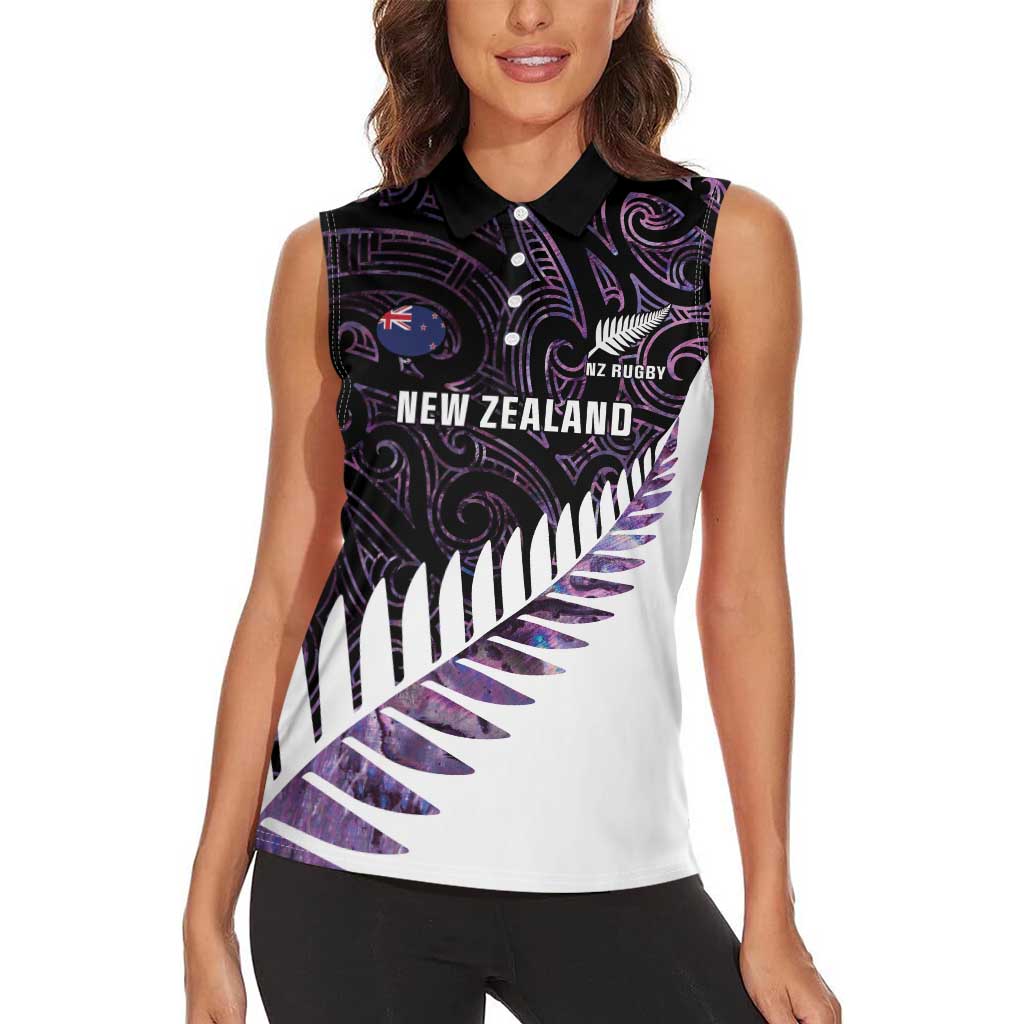 New Zealand Silver Fern Rugby Custom Women Sleeveless Polo Shirt Go All Black Purple Maori Paua Shell - Aussie Hoodie