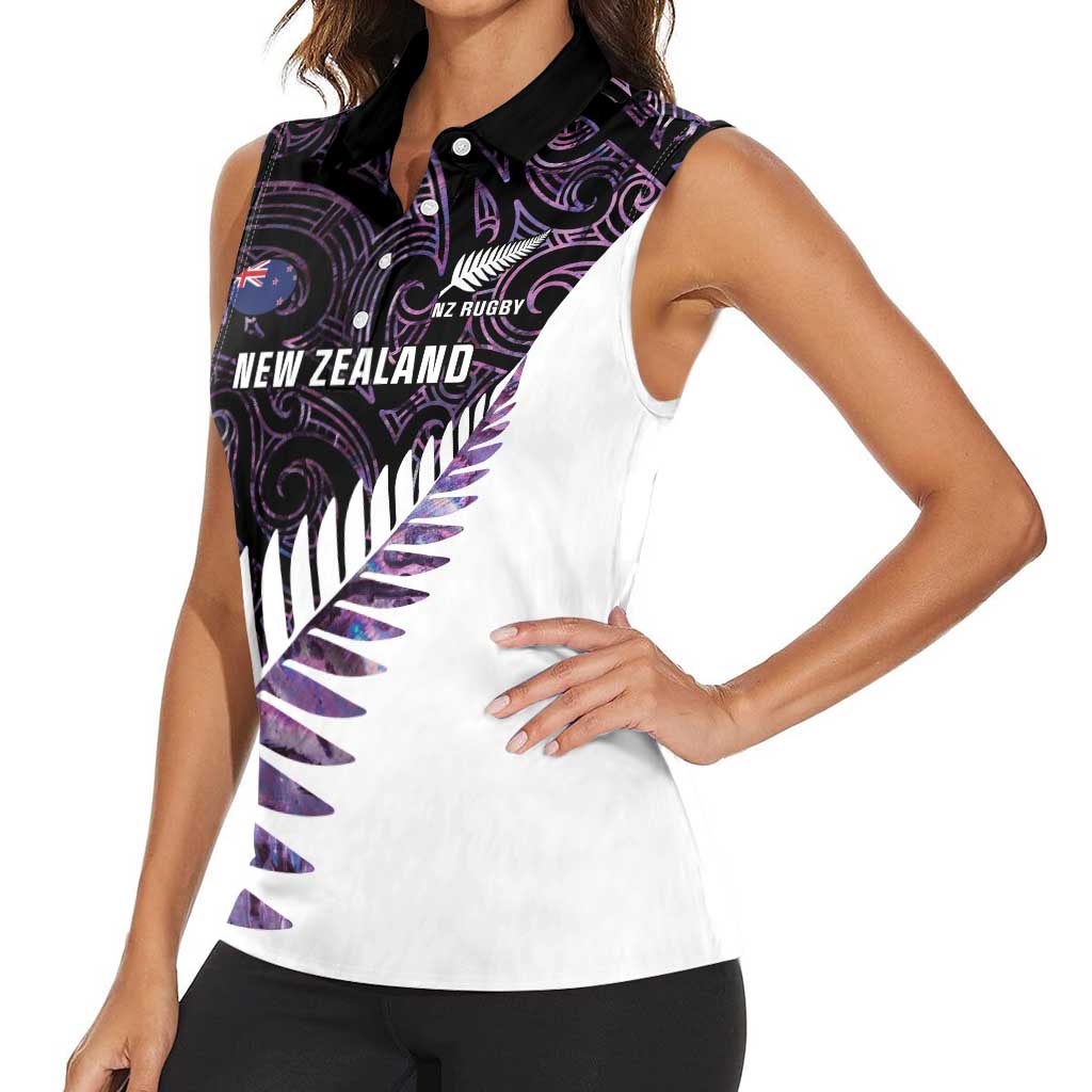 New Zealand Silver Fern Rugby Custom Women Sleeveless Polo Shirt Go All Black Purple Maori Paua Shell - Aussie Hoodie